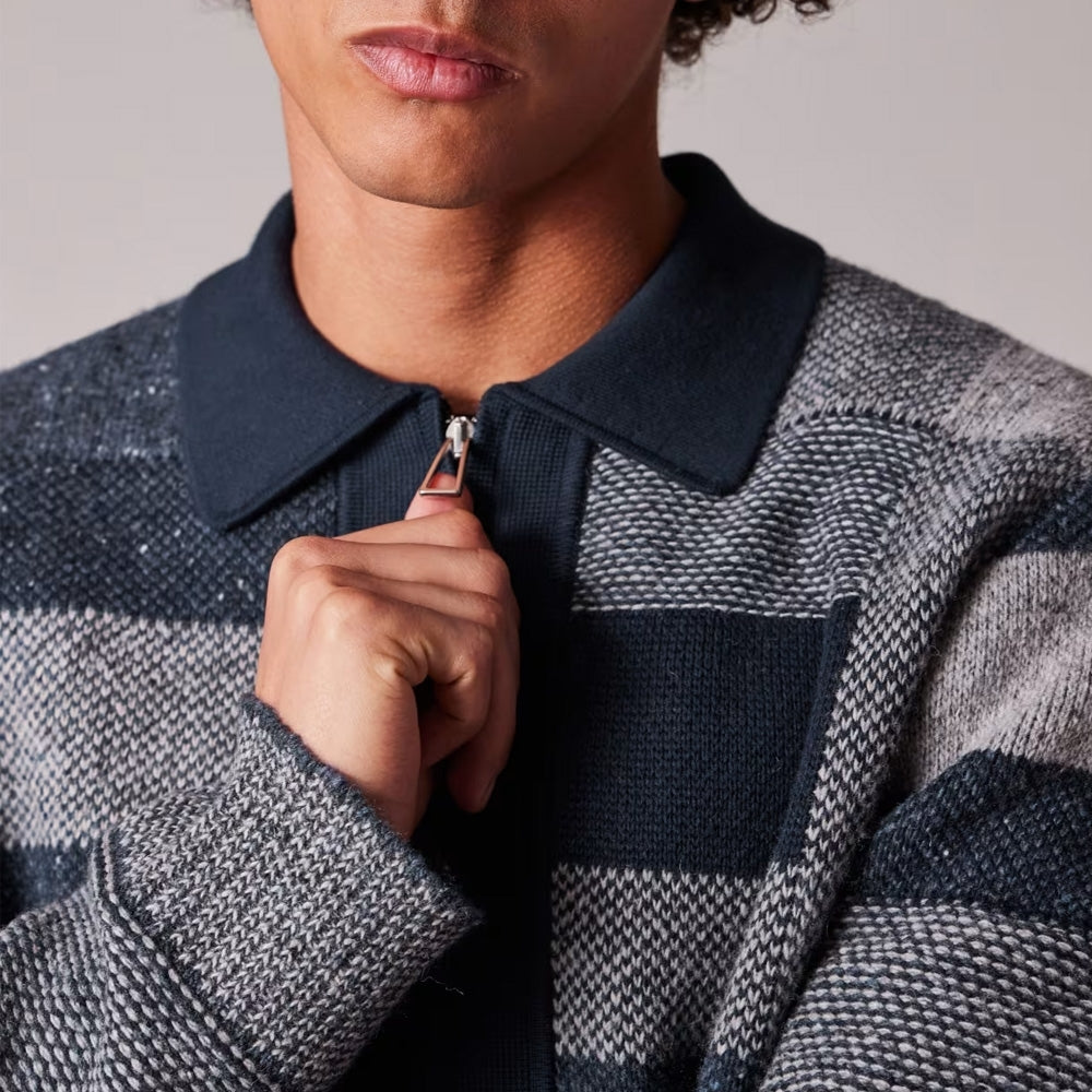 - Patchwork Zip Through Cardigan - Navy