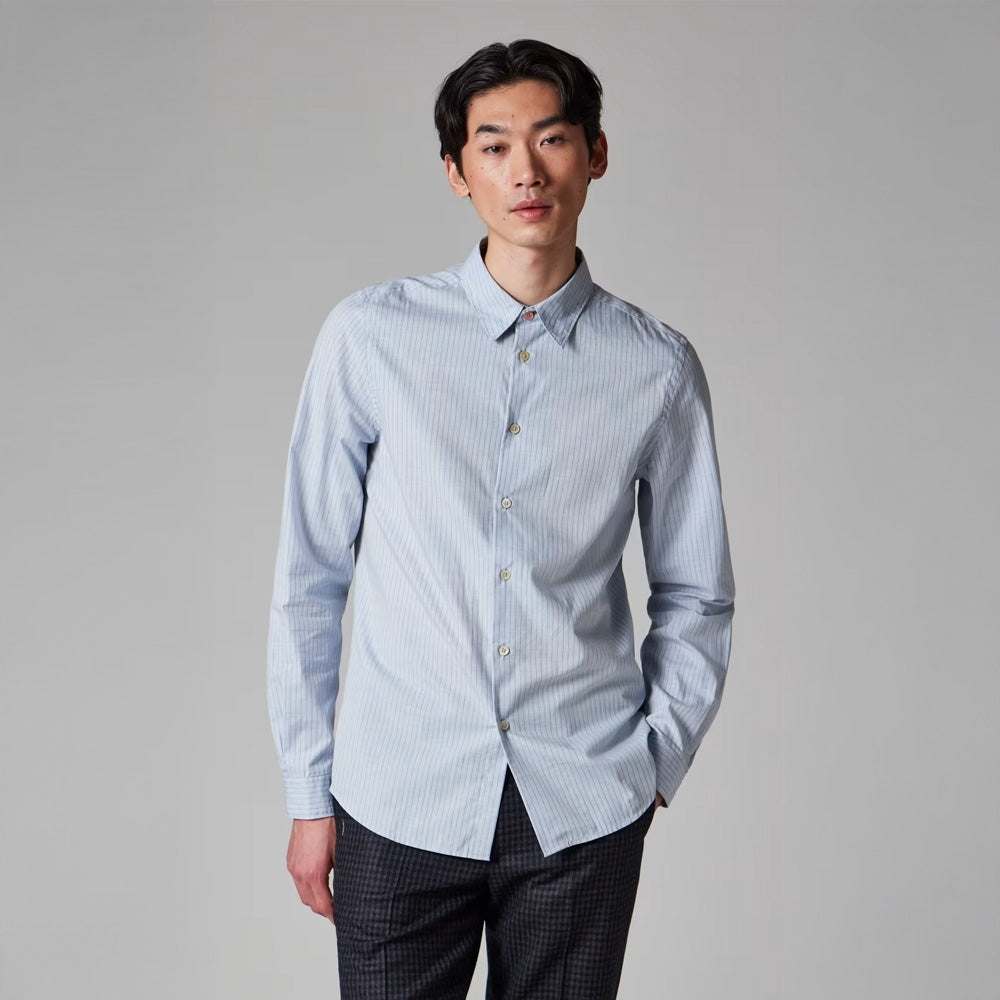 - Tailored Fit Melange Stripe Shirt - Light Blue