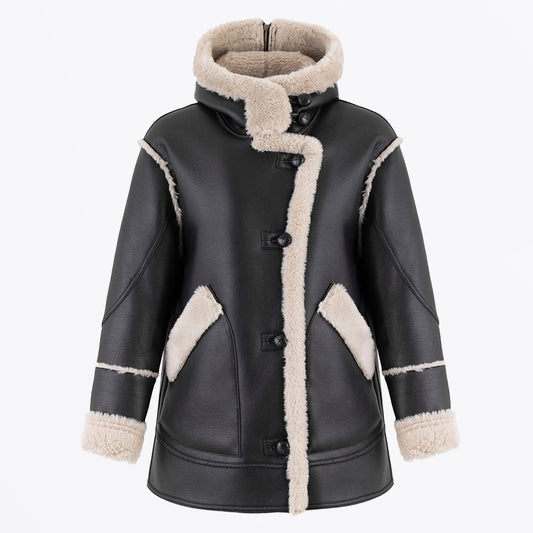 - Faux Shearling Hooded Jacket - Black