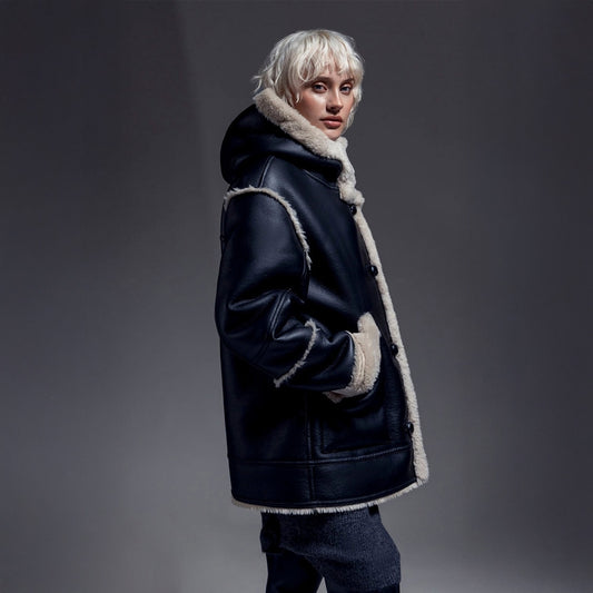 - Faux Shearling Hooded Jacket - Black