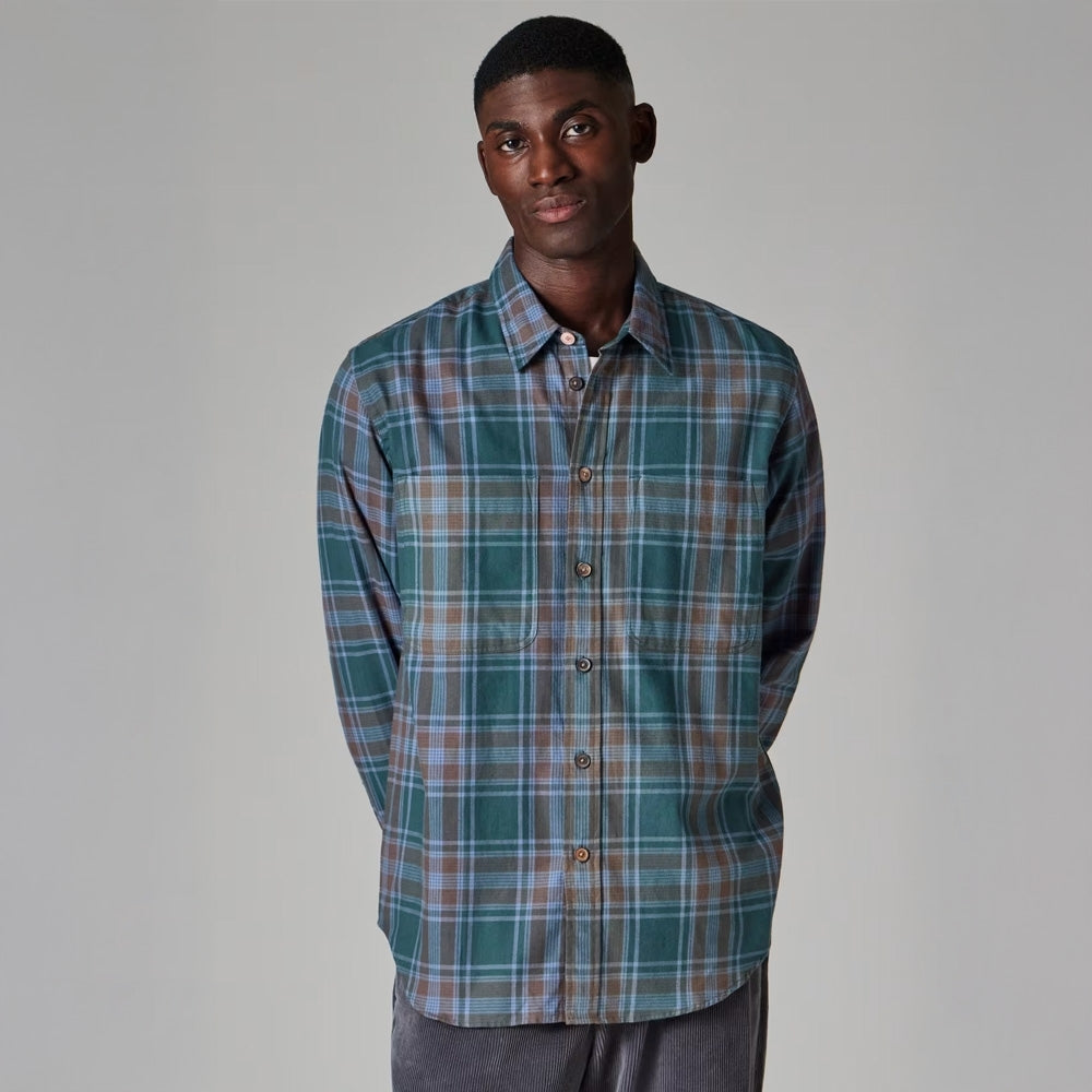 - Cotton-Flannel Check Shirt - Green and Blue