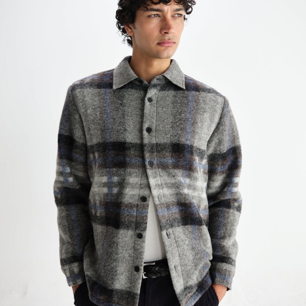 - Nolan Check Wool Overshirt - Grey/Blue