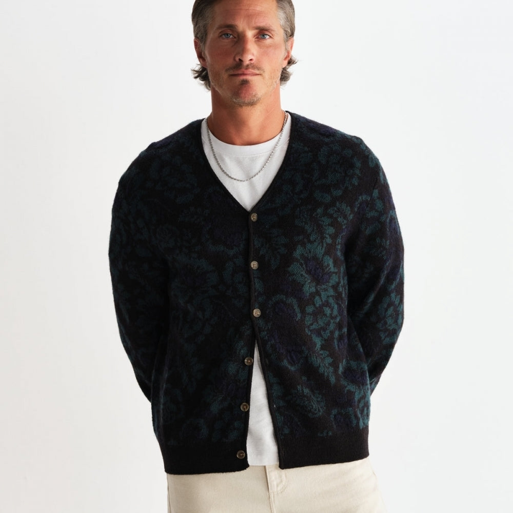 - Alban Floral Textured Jacquard Cardigan - Black And Green