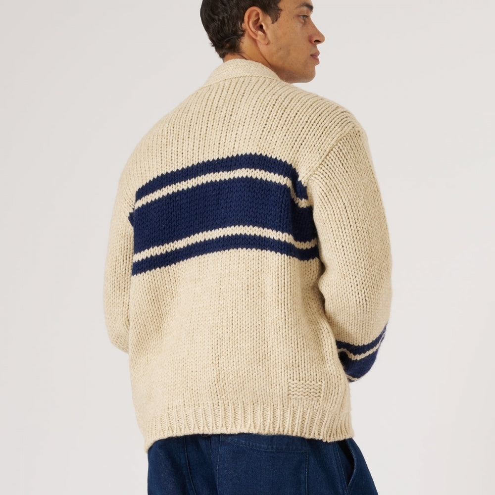 - Chunky Knit Stripe Langdale Cardigan - Sand