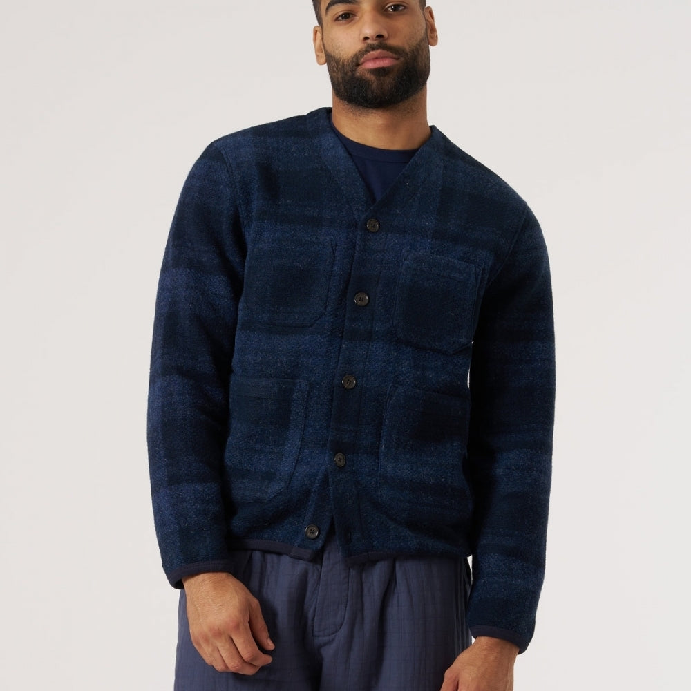 - Moh Check Fleece Cardigan - Navy