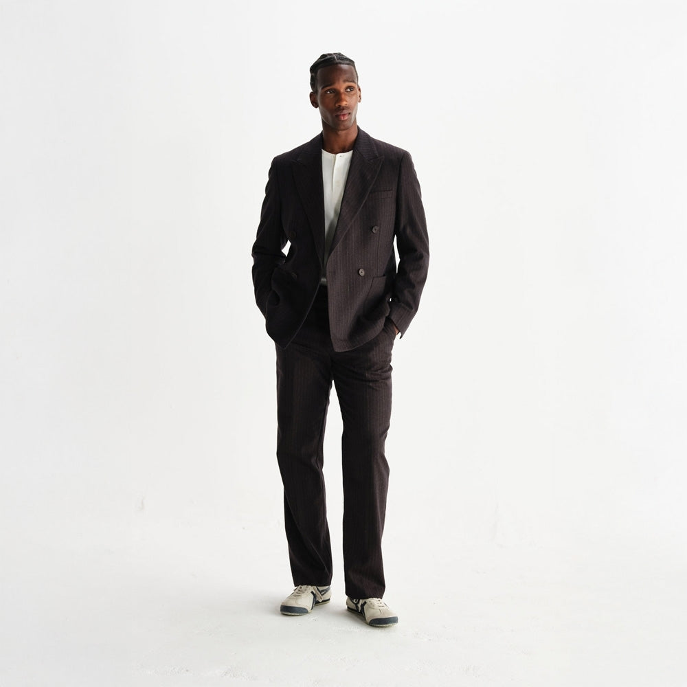 - Aston Wool Pinstripe Trousers - Dark Brown