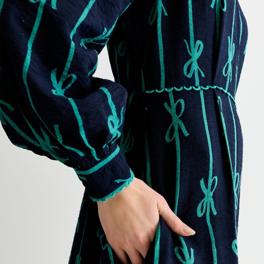 - Avion Tie Up High Neck Midi Dress - Navy