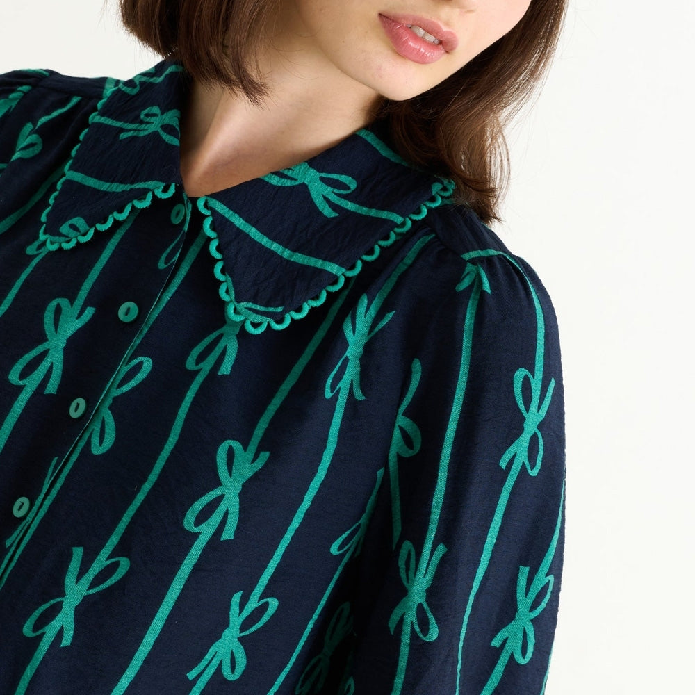 - Martta Tie Up Lace Trimmed Collar Blouse - Navy