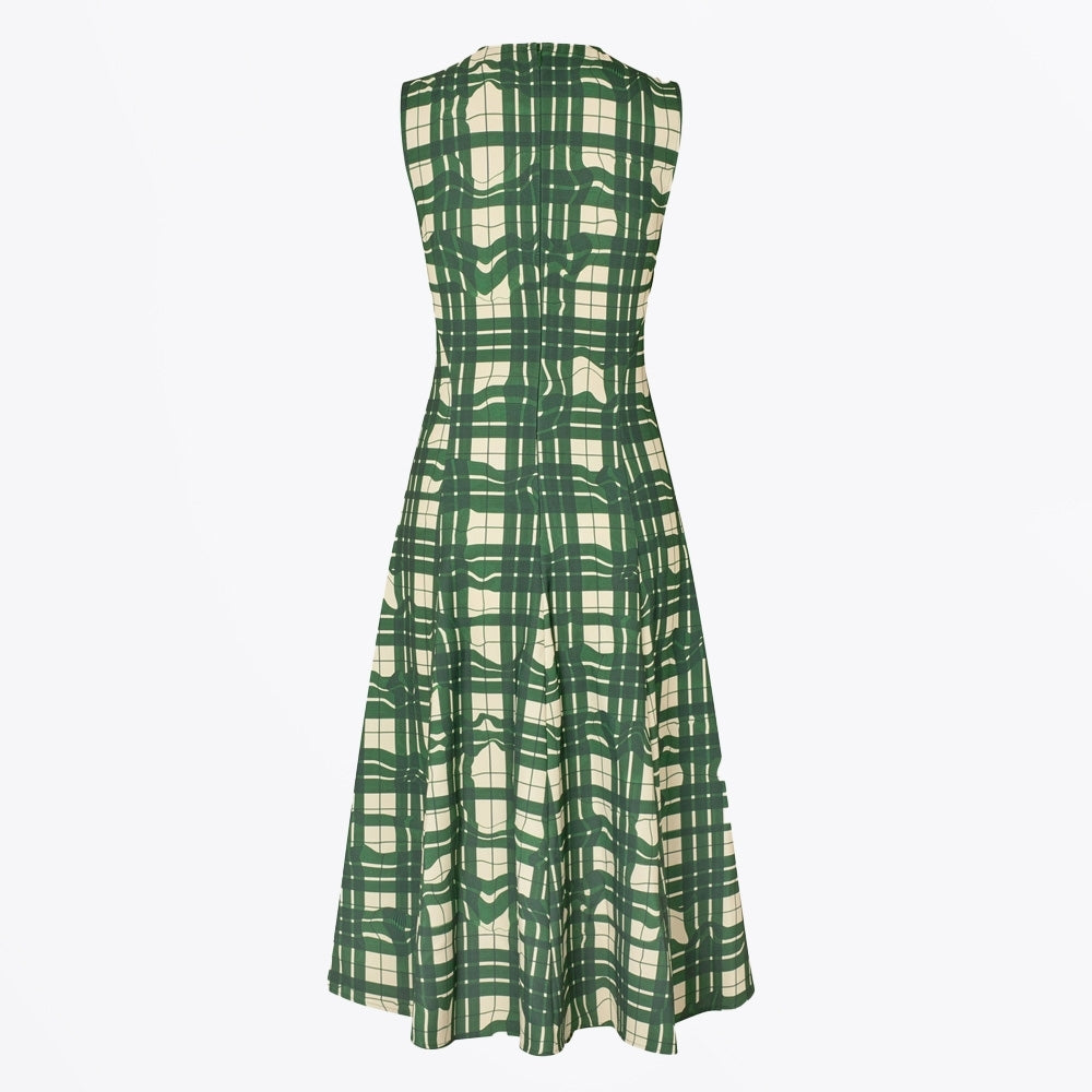 - Sleeveless Gathered Midi Dress - Checkered Wave