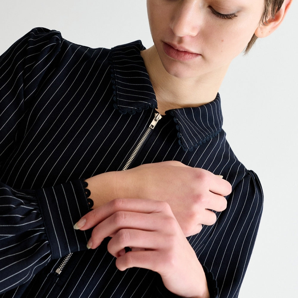 - Manton Pinstripe Zip Front Dress - Navy