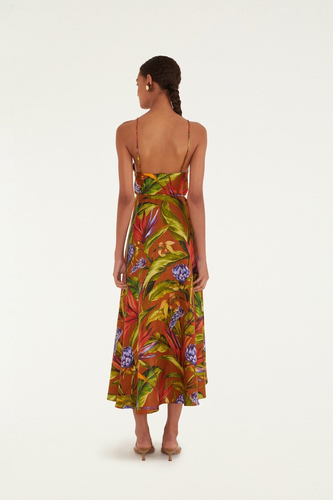 Florart Linen Midi Wrap Dress - Brown