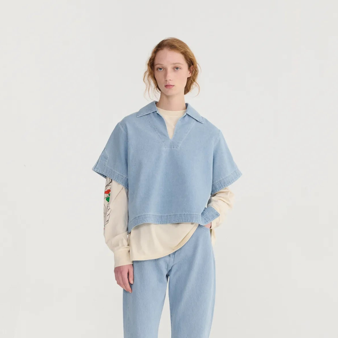 Relaxed Denim Polo Shirt - Light Blue Denim