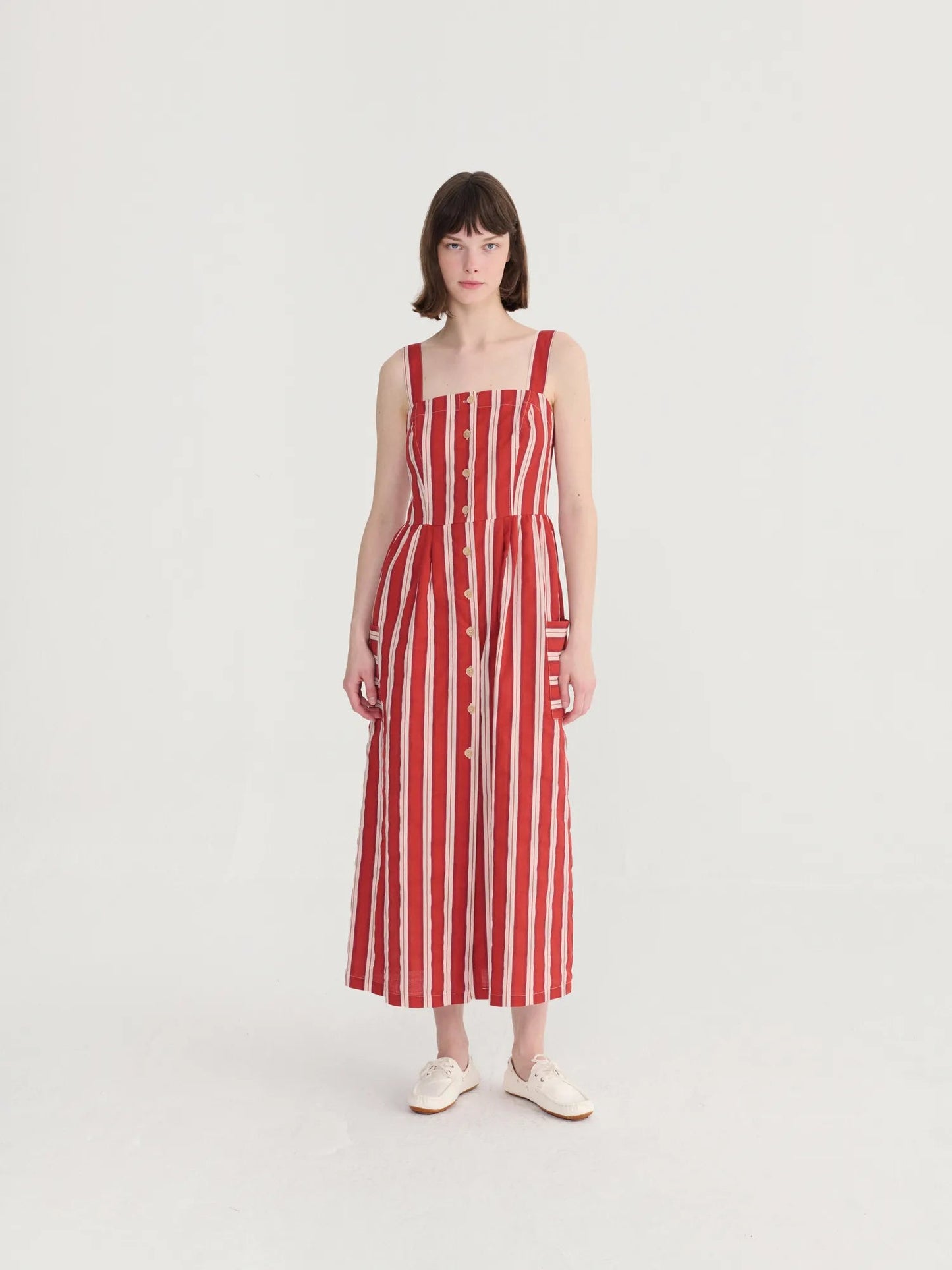 Striped Evasé Strap Dress - Red