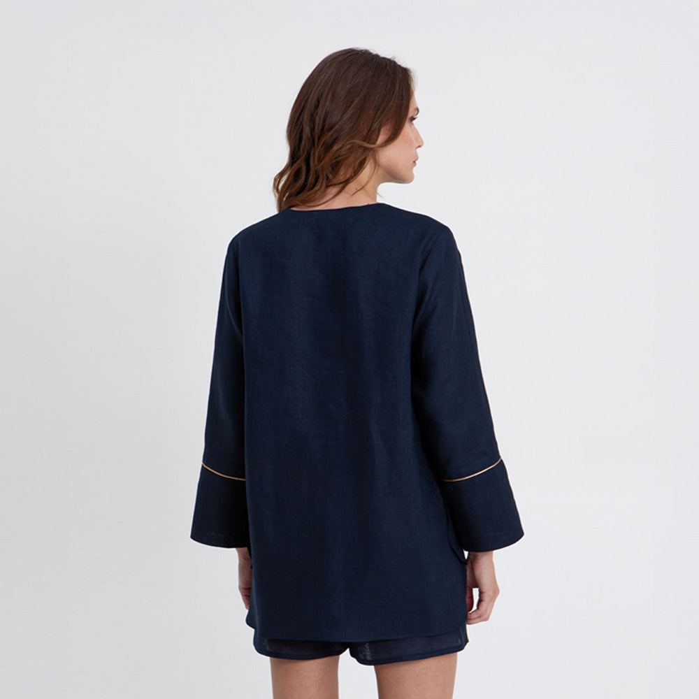 Long Sleeve Pleat Blouse - Navy/Gold