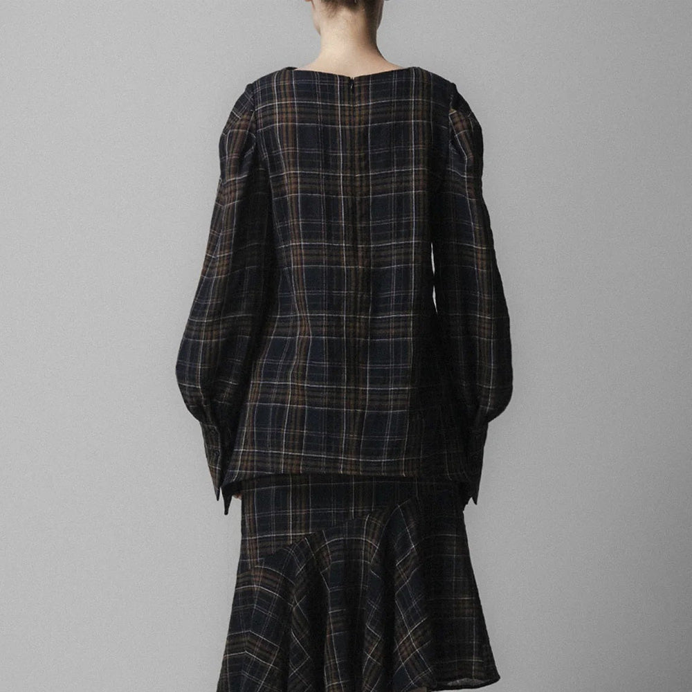 Voluminous Long Sleeve Blouse - Navy Check