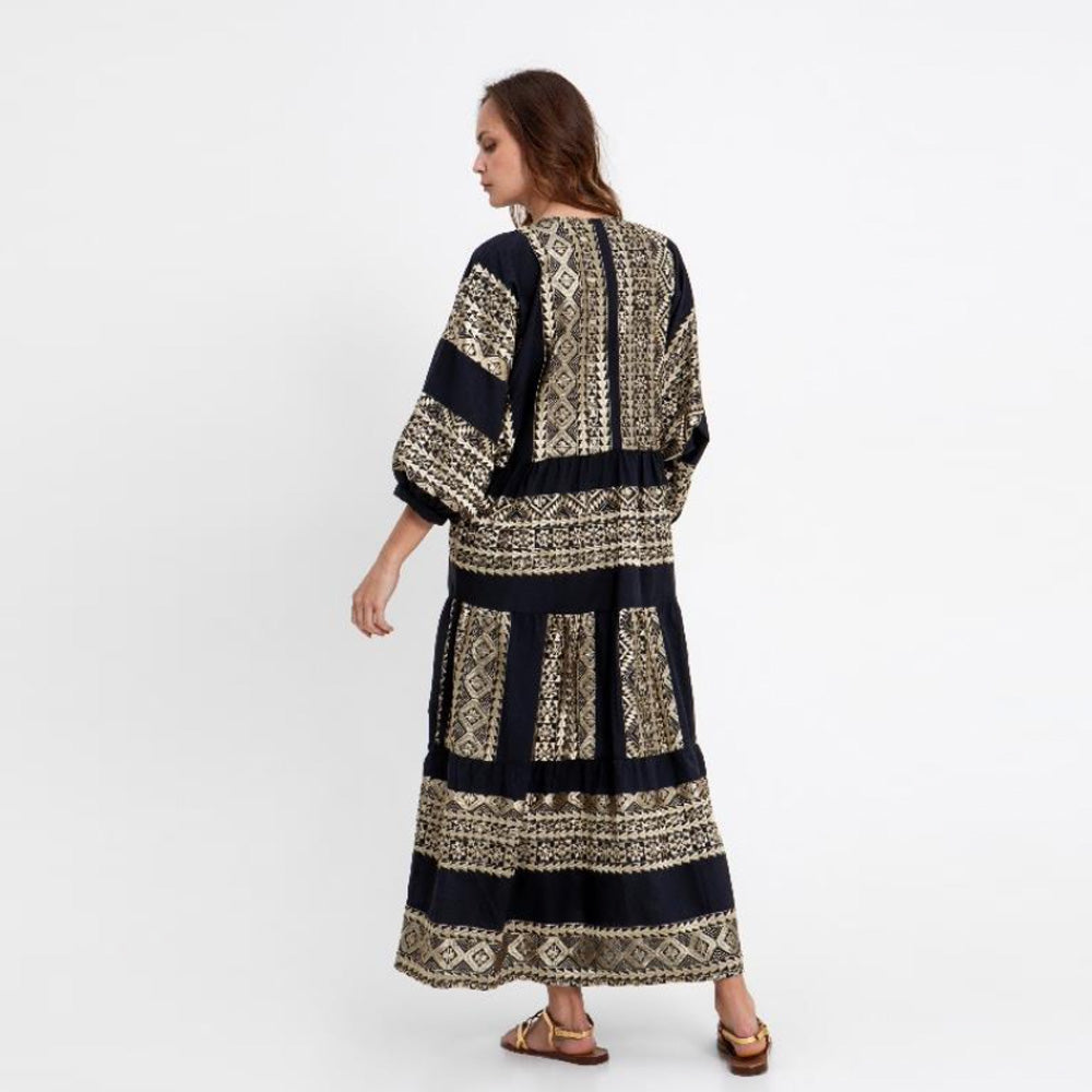 Classic Triangle Balloon Sleeves Maxi Dress - Black/Gold