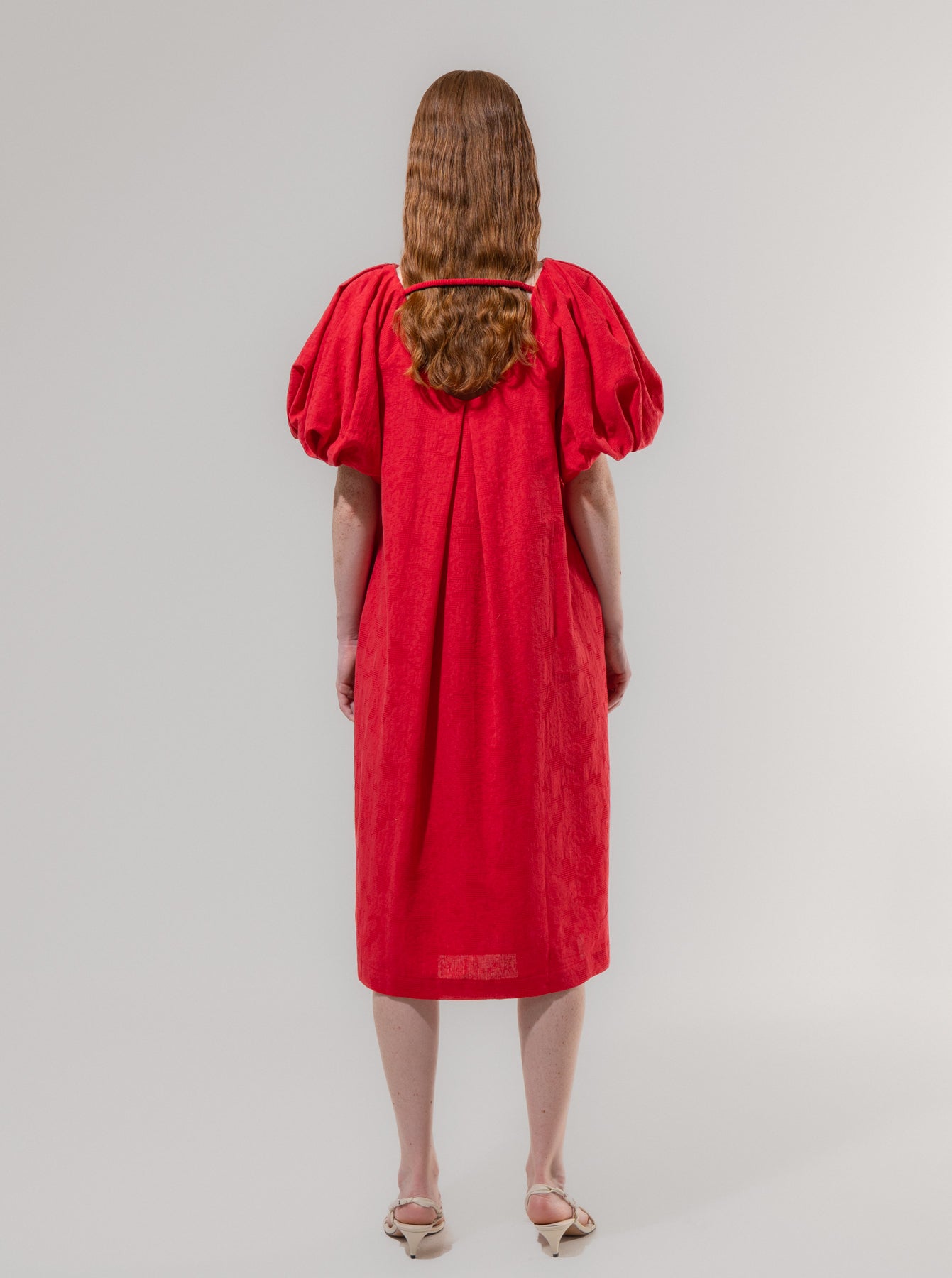 Textured Puff Sleeve Dress - Red