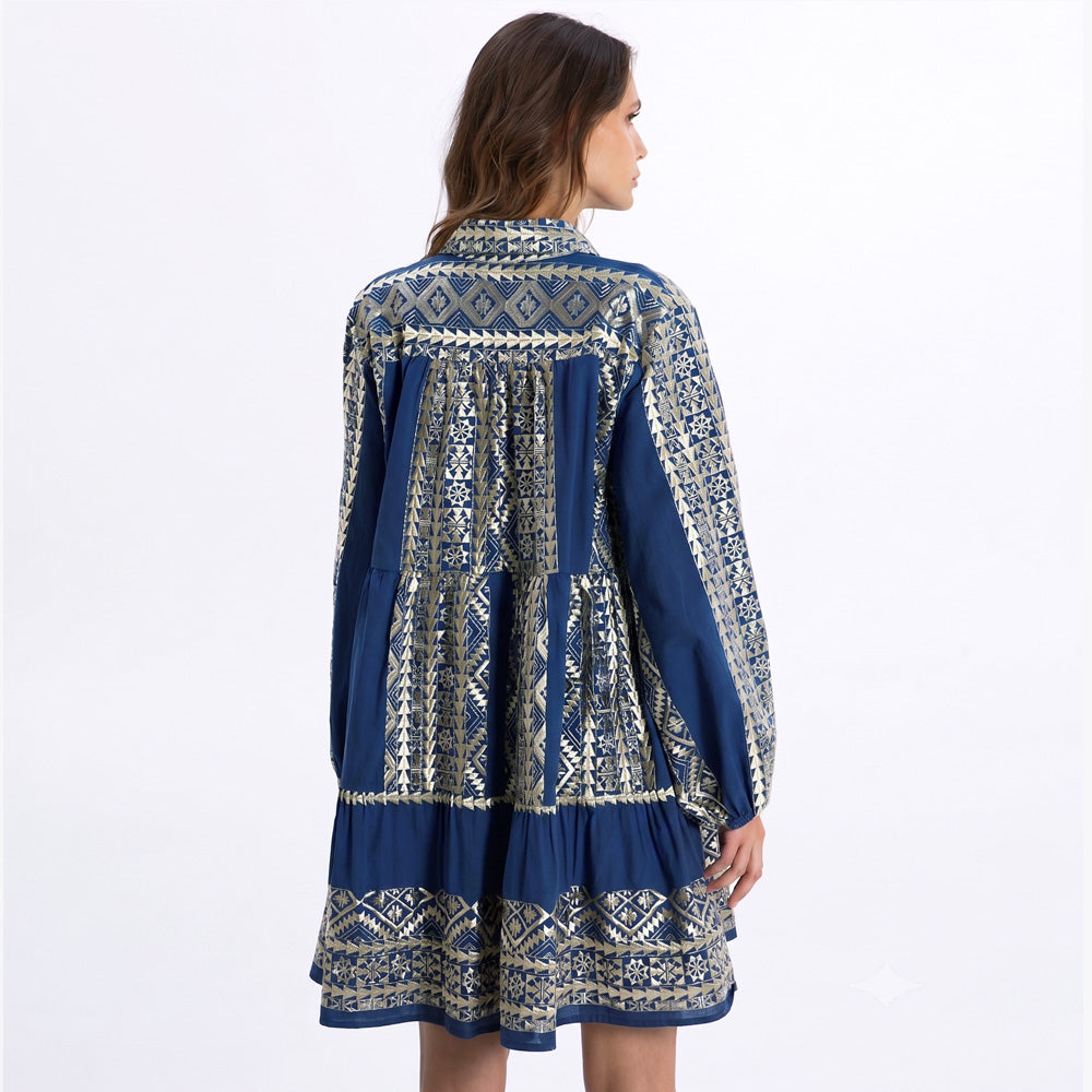 Chemisier Short Classic Triangle Balloon Sleeve Dress - Blue Navy / Gold