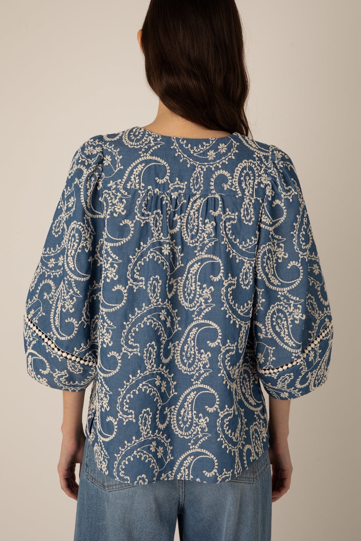 Manuela Embroidered Chambray Top - Blue