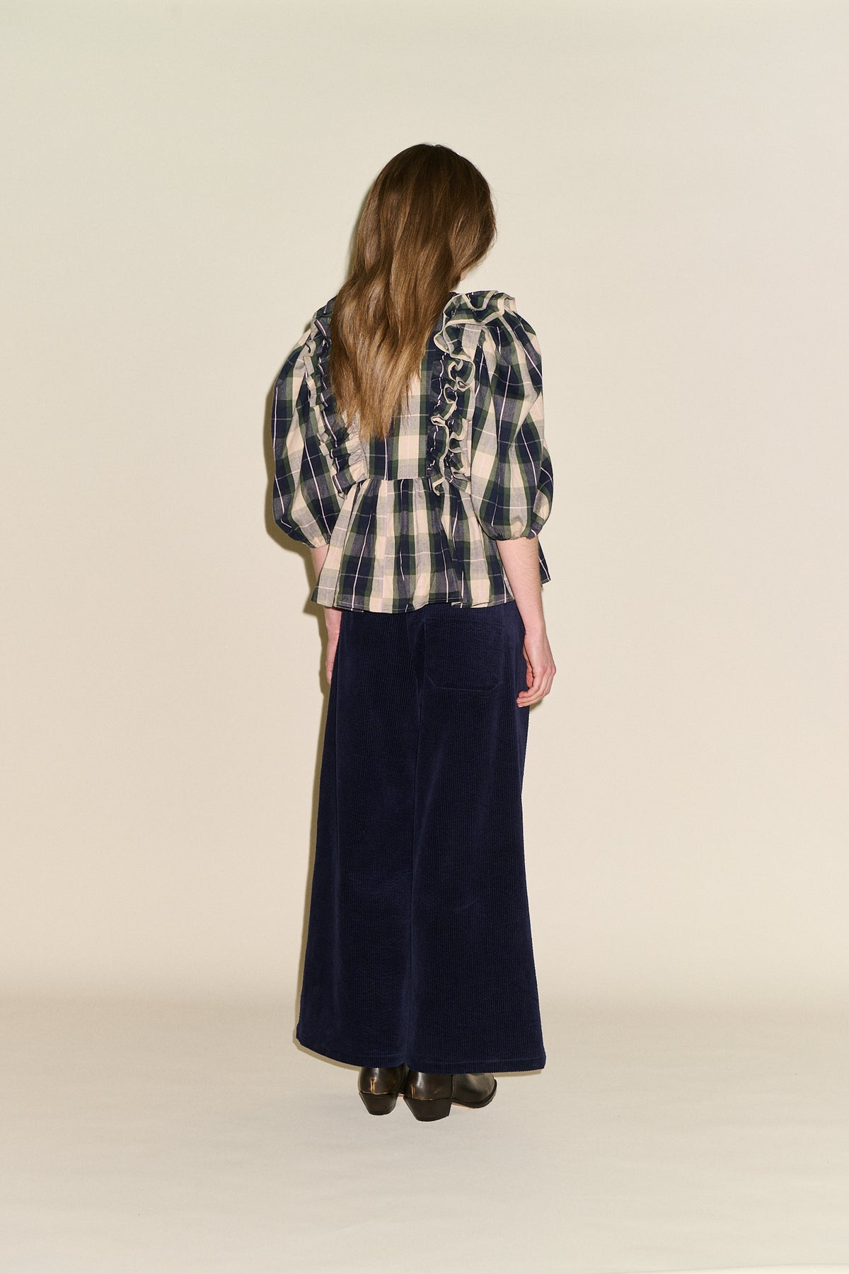Beatrice Check Frill Blouse - Navy/Green