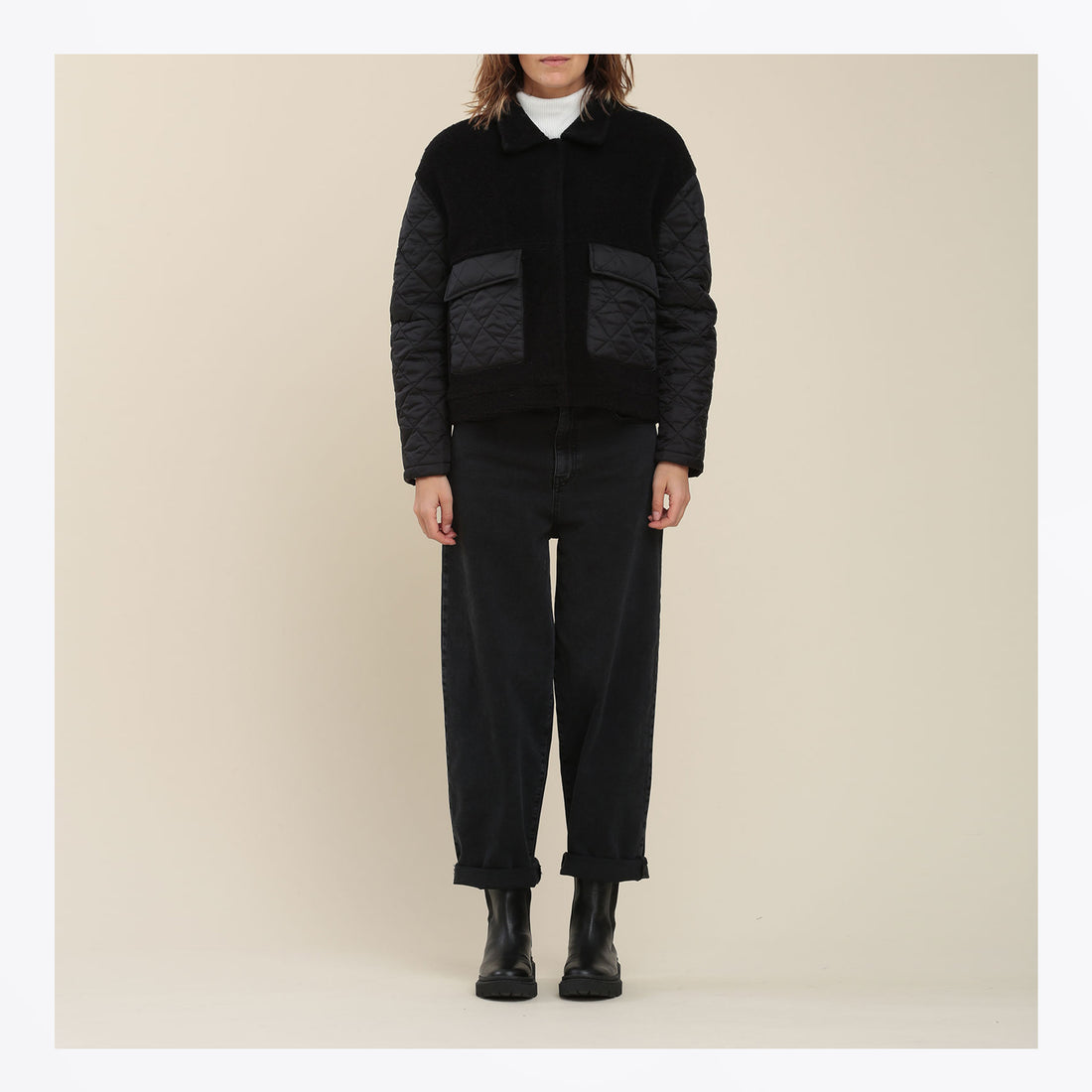 Model wearing Humility coat