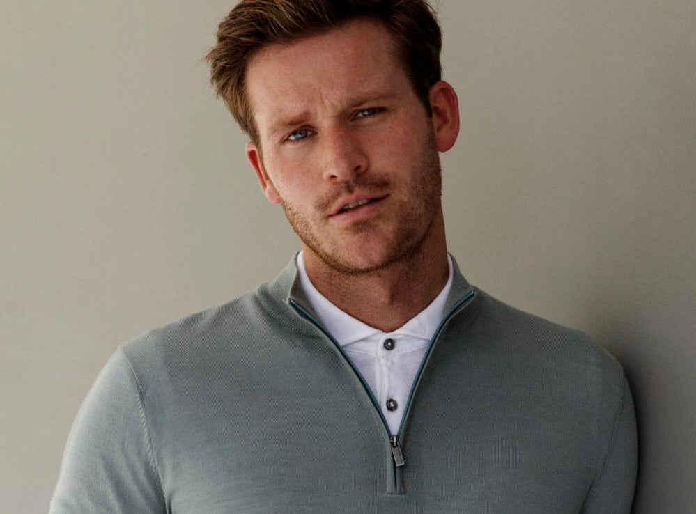 Model Wearing a Thomas Maine half zip jumper