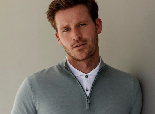 Model Wearing a Thomas Maine half zip jumper