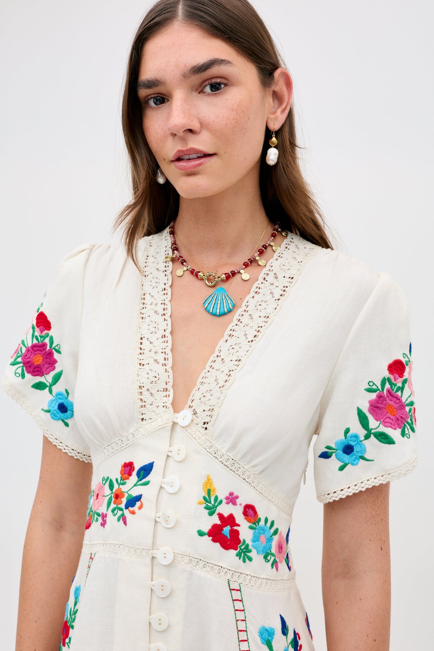 Novara Dress - Anemone Embroidery Cream
