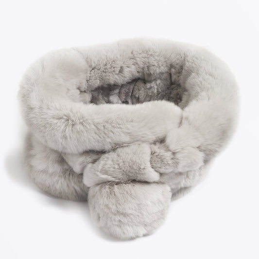 Rabbit Fur Pom Pom Scarf - Grey