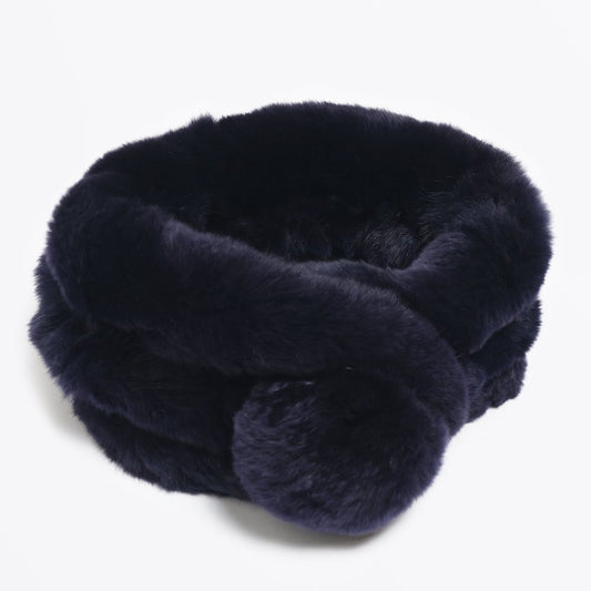 Rabbit Fur Pom Pom Scarf - Navy