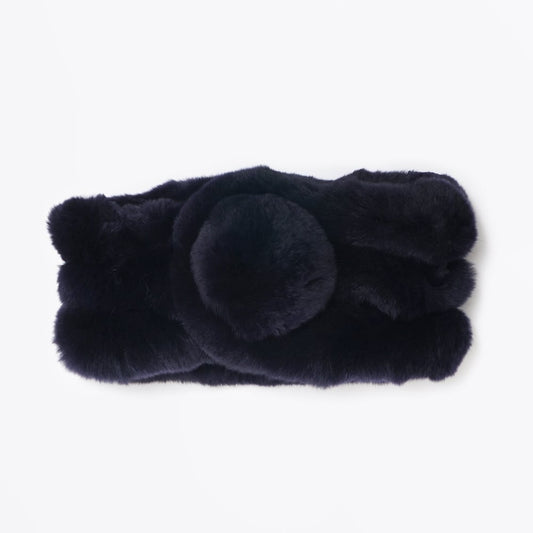 Rabbit Fur Pom Pom Scarf - Navy