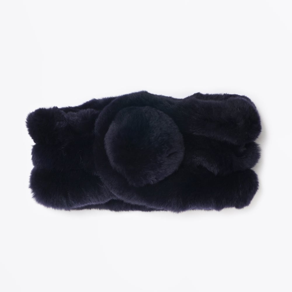 Rabbit Fur Pom Pom Scarf - Navy