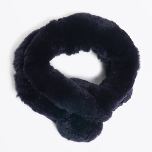Rabbit Fur Pom Pom Scarf - Navy