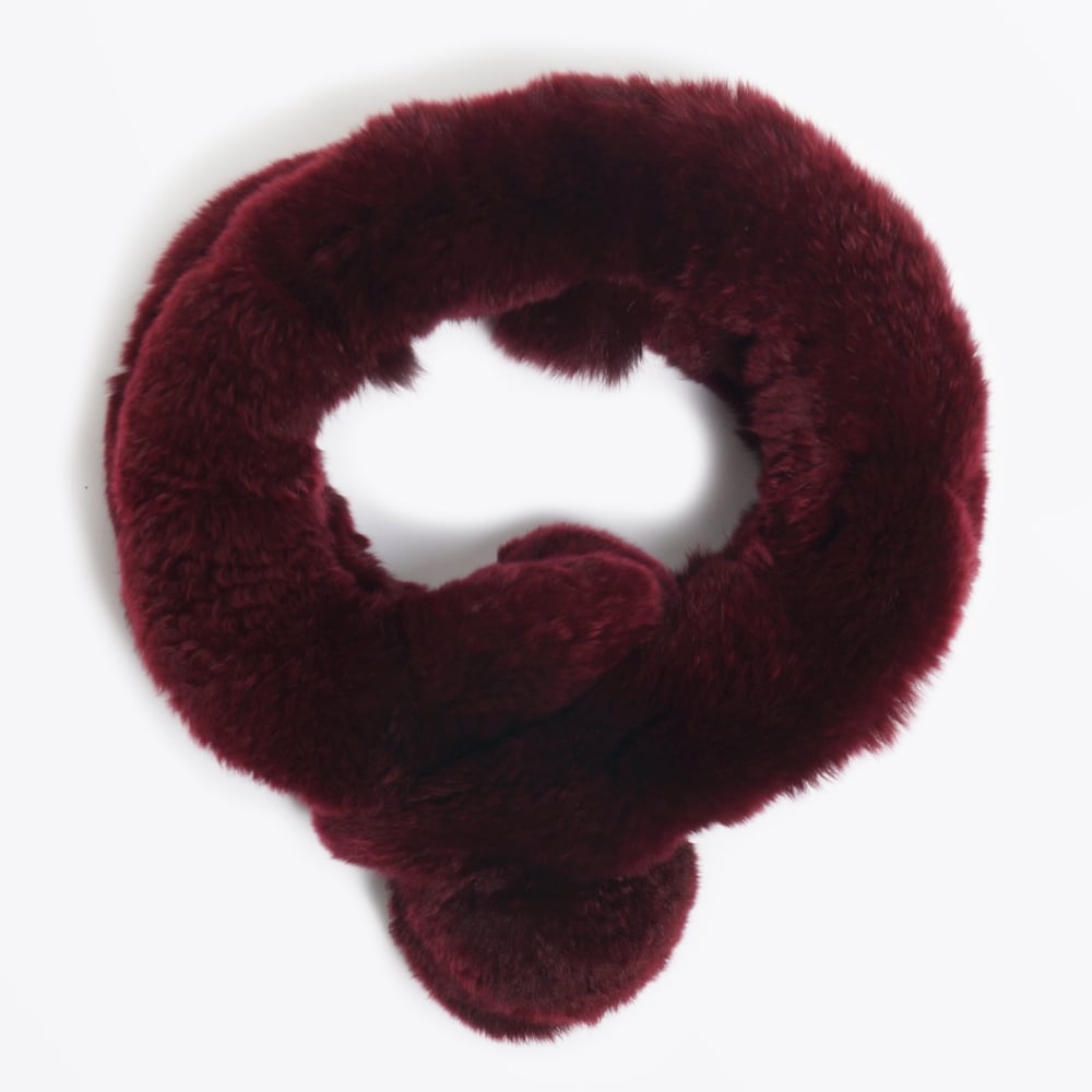 Rabbit Fur Pom Pom Scarf - Wine