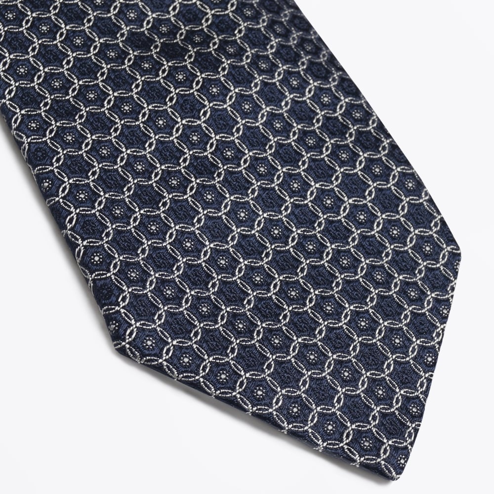 - Silk Woven Circle Pattern Tie - Navy
