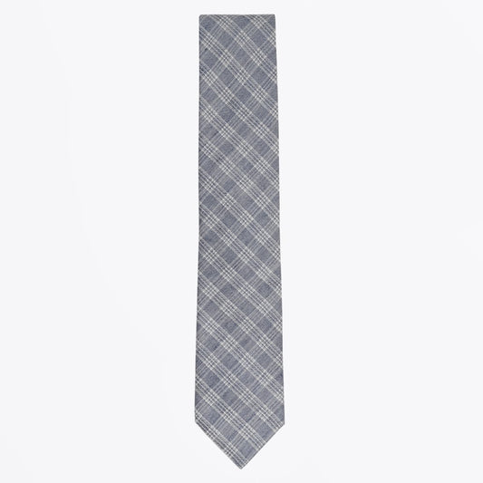 - Checked Cotton Linen Mix Woven Tie - Navy