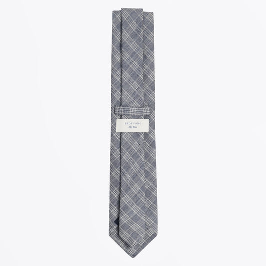 - Checked Cotton Linen Mix Woven Tie - Navy