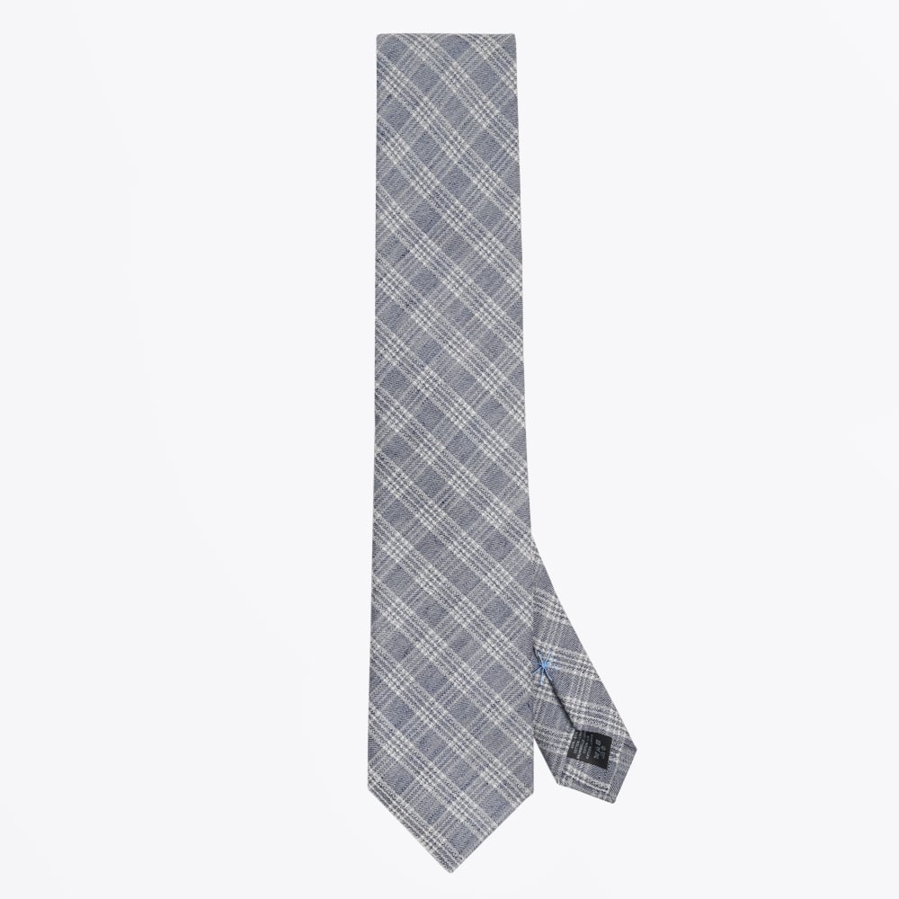 - Checked Cotton Linen Mix Woven Tie - Navy