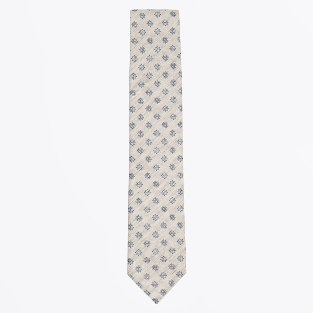 Profuomo Floral Cotton Linen Mix Woven Tie - Ecru