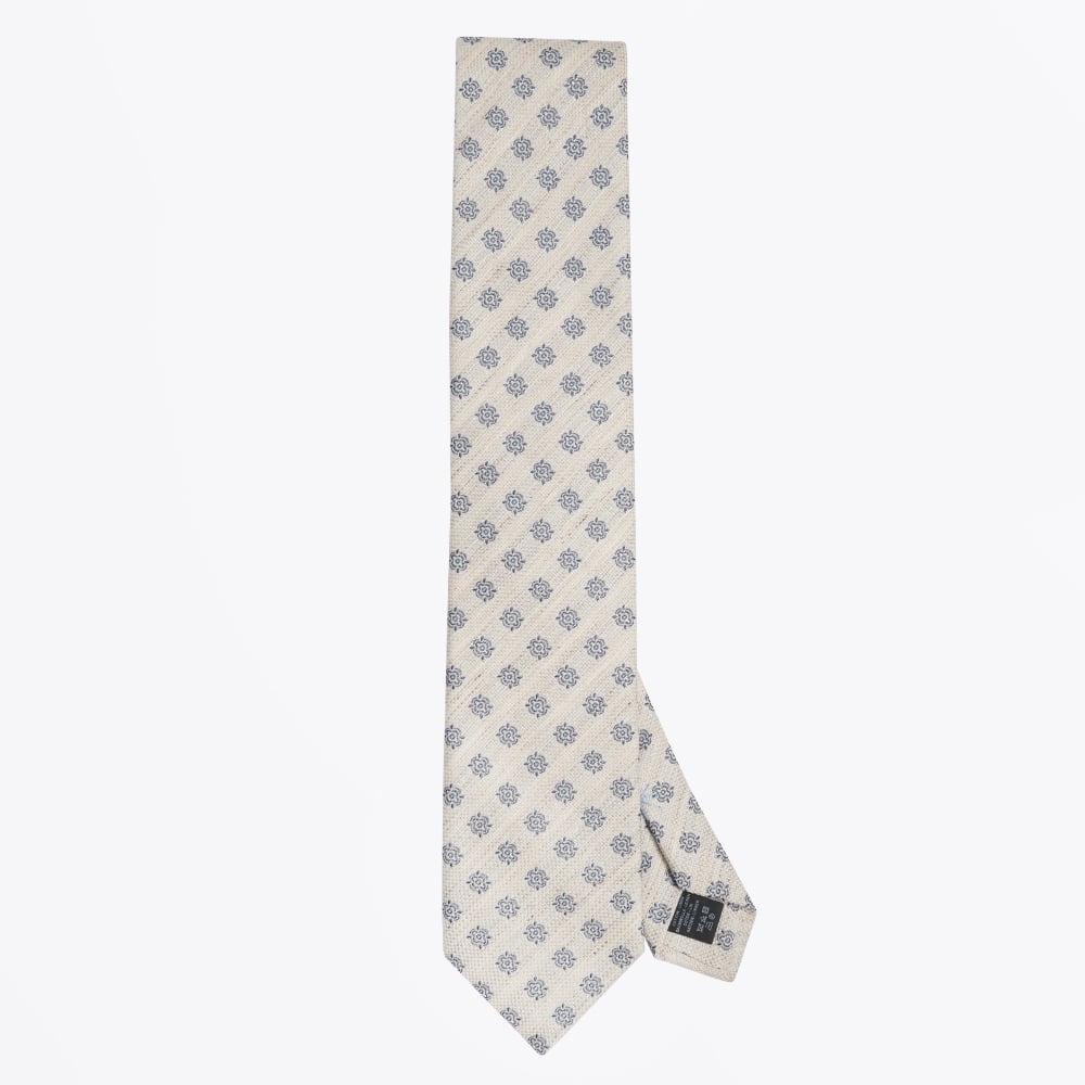 Profuomo Floral Cotton Linen Mix Woven Tie - Ecru