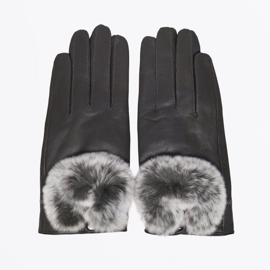 - Rabbit Fur Trim Gloves - Grey