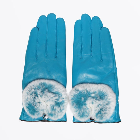 - Rabbit Fur Trim Gloves - Blue