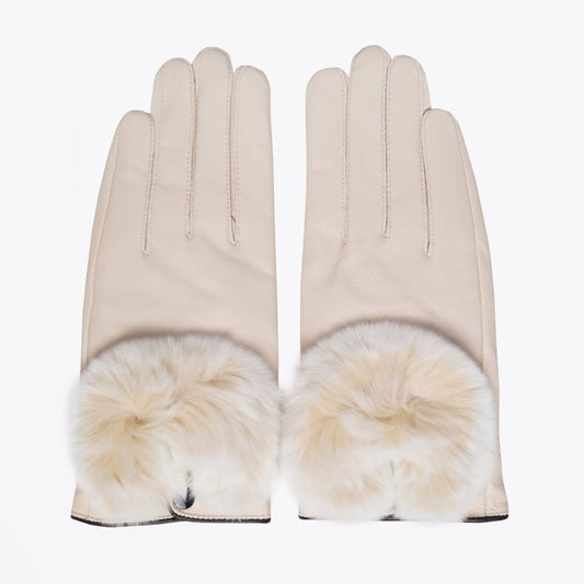 - Rabbit Fur Trim Gloves - Cream