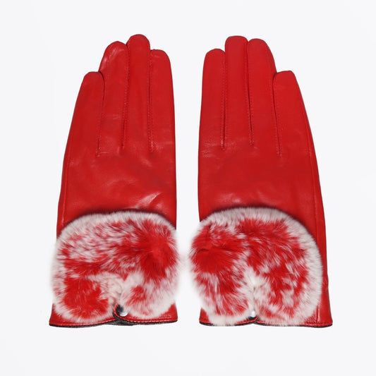 - Rabbit Fur Trim Gloves - Red
