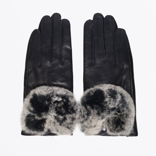 - Rabbit Fur Trim Gloves - Black