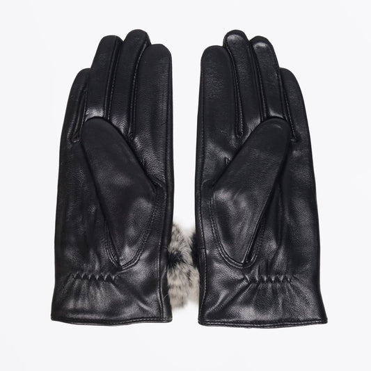 - Rabbit Fur Trim Gloves - Black