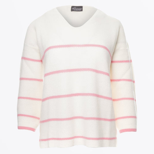 - Pique V Neck Stripe Sweater - Pink