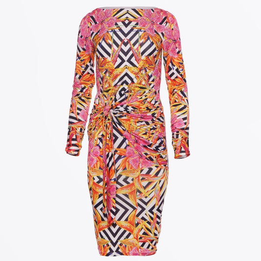 - Tropical Printed Side Ruch Dress - Pink/Orange