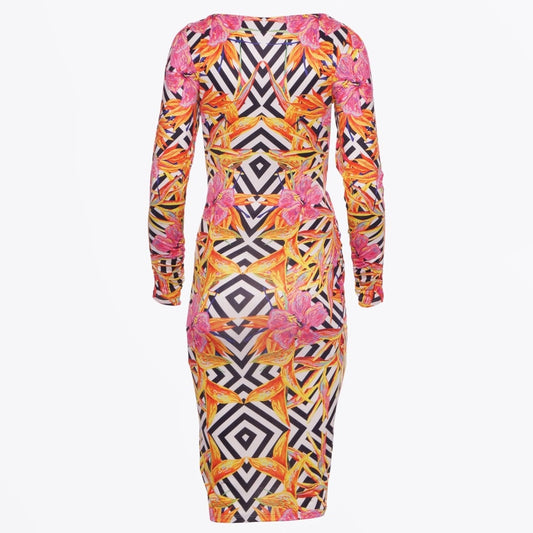 - Tropical Printed Side Ruch Dress - Pink/Orange