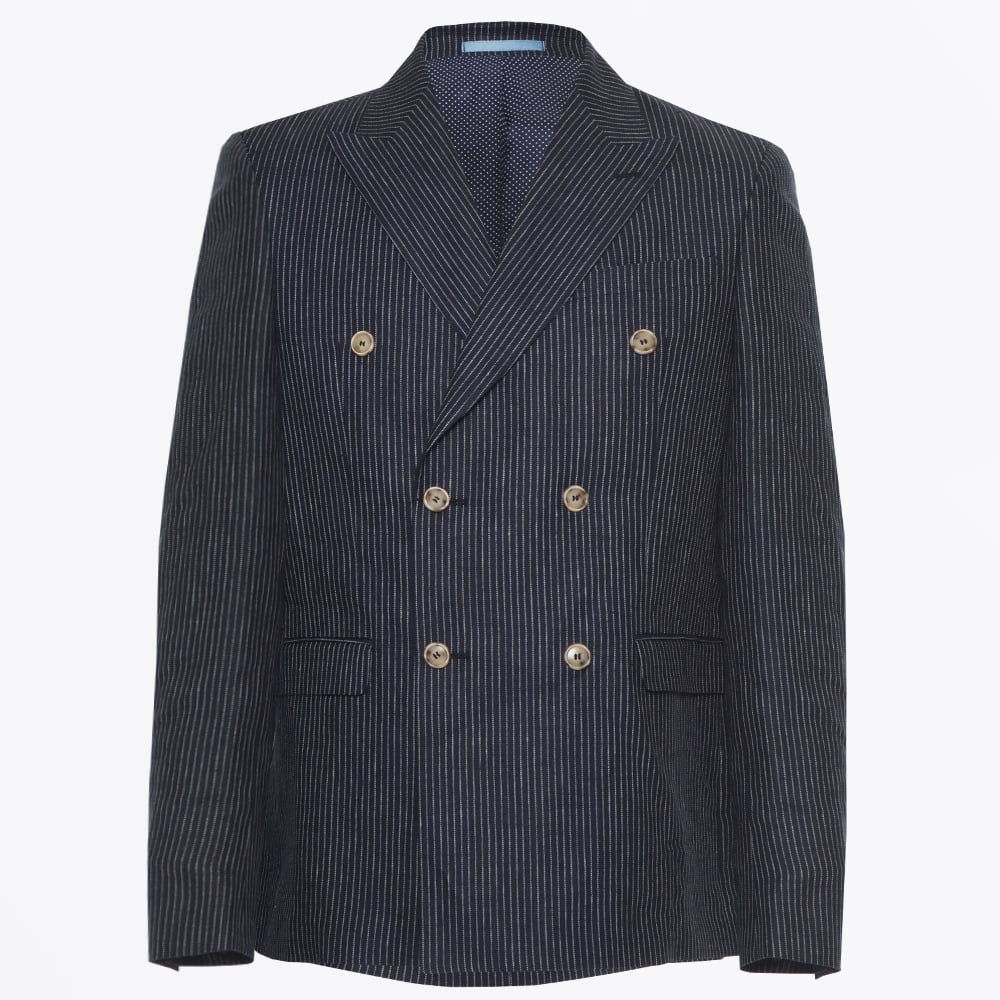 Sand Linen Double Breasted Blazer - Navy
